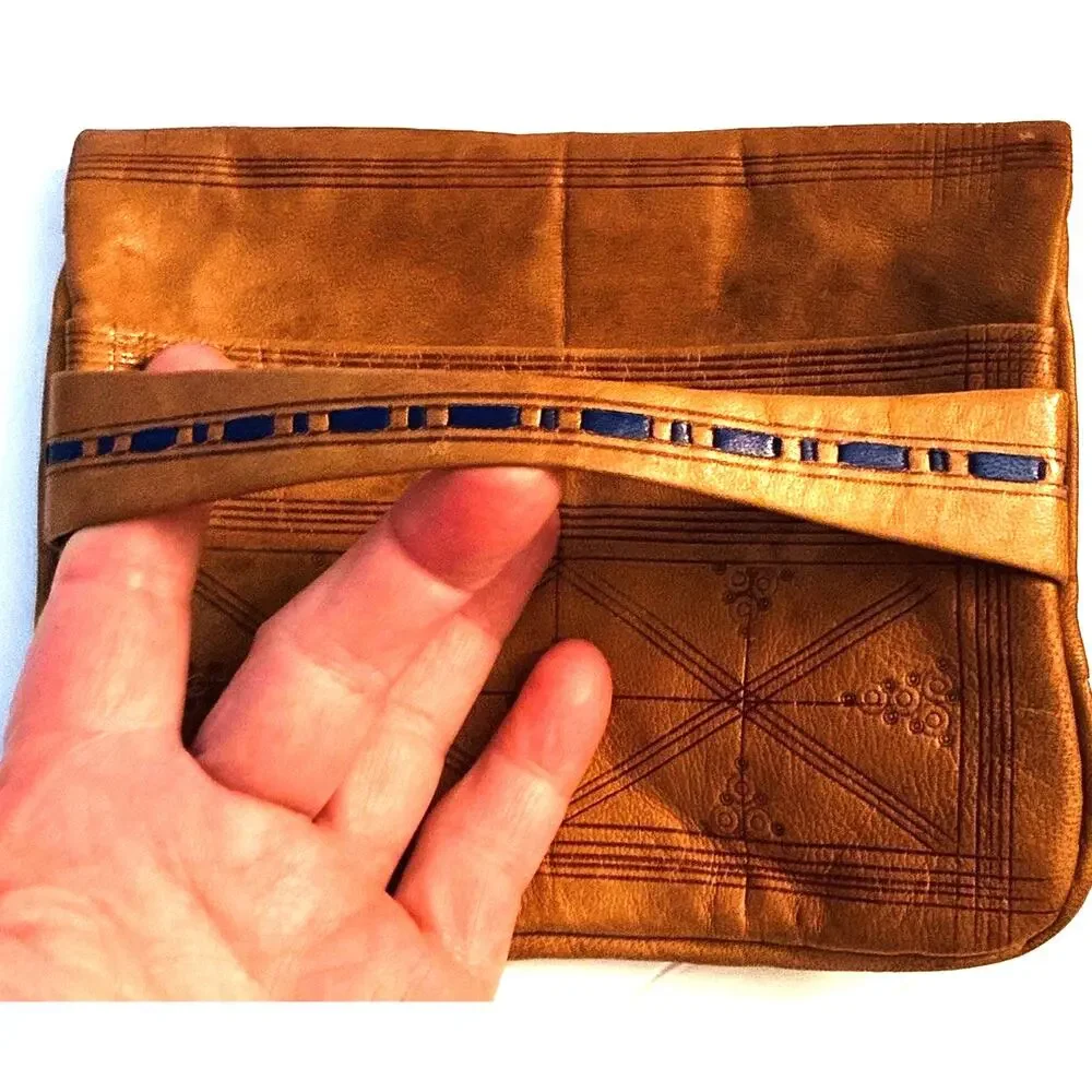 Handmade Morrocan Leather Mini Clutch Coin Purse Fold Over Tassel Toggle Closing